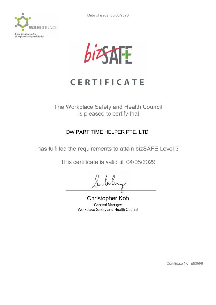 bizsafe cert dw part time helper singapore